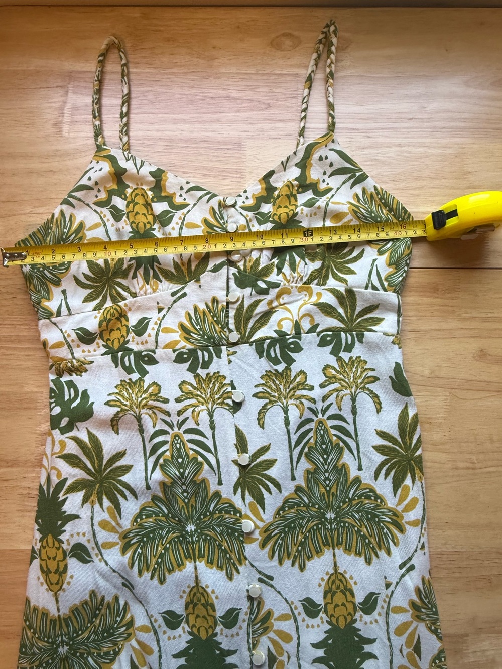 Tropical Palm Print Linen Maxi Slip Dress - Green, Yellow, and Tan - Picture 4 of 6